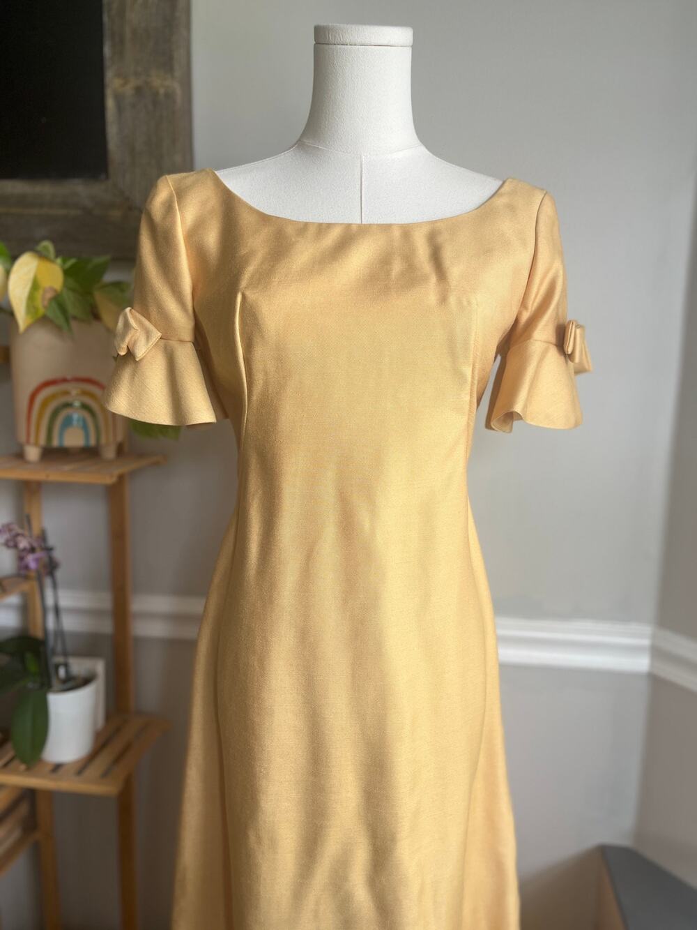 Vintage 70s Yellow Evening Gown A-line Bow Sleeve Size XS